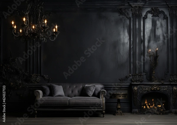 Obraz dark gothic elegant interior of living room, empty wall for your design, mockup