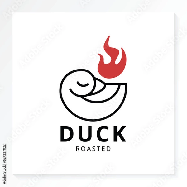 Fototapeta duck roasted restaurant logo with flame fire isolated in white