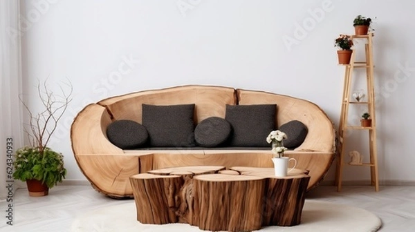 Fototapeta Round rustic loveseat sofa and stump side table near wall interior design of modern living room generative ai