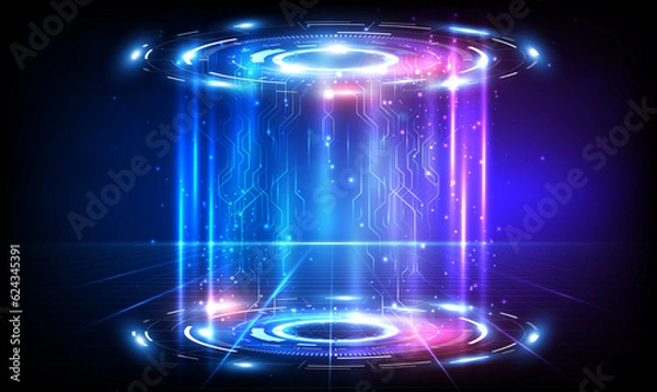 Fototapeta Futuristic HUD portals teleports or hologram podium digital circuit concept. Fantastic portals, holograms teleport gadgets. Sci-fi digital hi-tech in glowing HUD projector for presentation. Vector.
