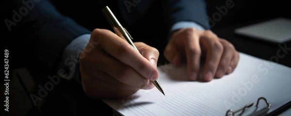 Fototapeta Wide banner - close up of a man's hand with a pen as he signs a contract.