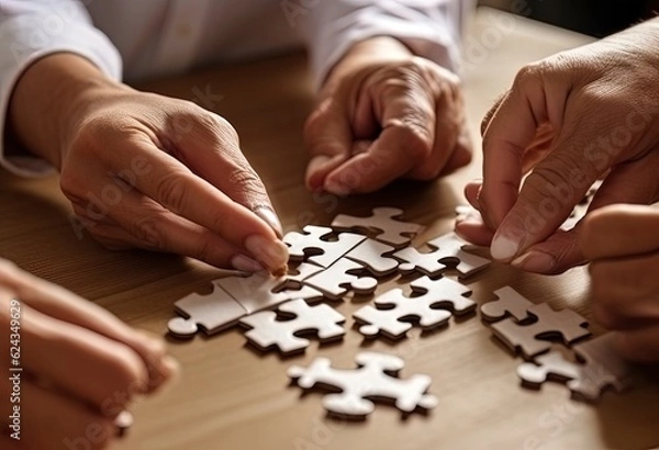 Fototapeta Business teamwork with white puzzle of many pieces cooperation unity concept Generative AI