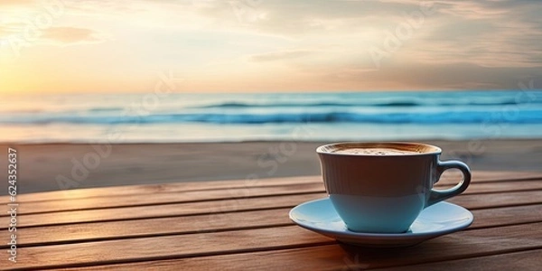 Fototapeta Coffee in white cup on wooden table on beach, blurred background
