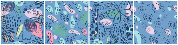 Fototapeta Summer tropical animals seamless pattern. Hand drawn abstract organic shape print. Beach vacation