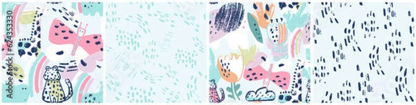 Fototapeta Summer tropical animals seamless pattern. Hand drawn abstract organic shape print. Beach vacation