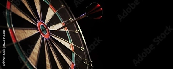 Fototapeta Success goal - Close up on a dart hitting the centre of the target - banner