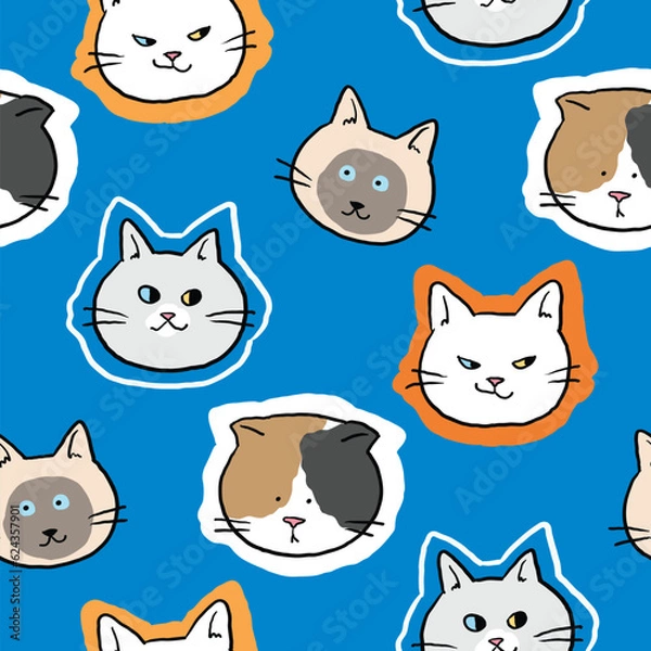 Fototapeta Seamless Pattern of Funny Cartoon Cat Face Design on Blue Background