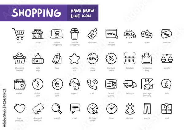 Fototapeta Shopping hand writting line web icon set. Outline icons collection. Simple vector illustration. E-commerce, delivery, payment.