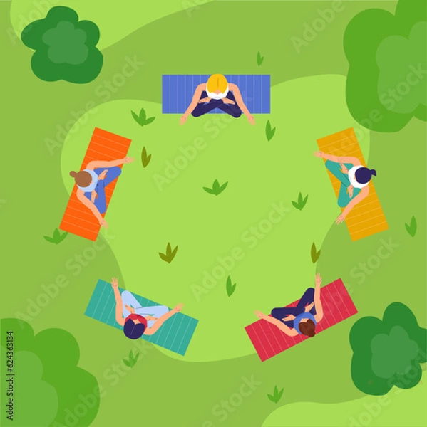 Fototapeta People formed in a circle doing yoga in a park, top view, vector illustration. Outside exercises 