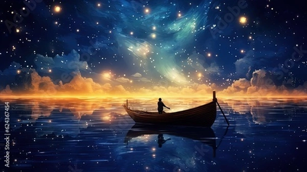 Fototapeta art illustration, a man in boat under galaxy sky, Generative Ai