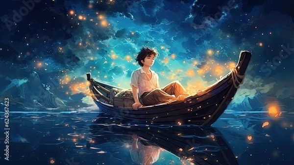 Fototapeta  a boy sitting in row boat at middle of lake at night time, Generative Ai