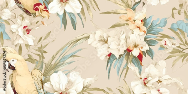 Fototapeta Parrot Cockatoo with flowers Orchid, Fleur de lis and leaves. Vector seamless pattern, tropical illustration in vintage style on beige background