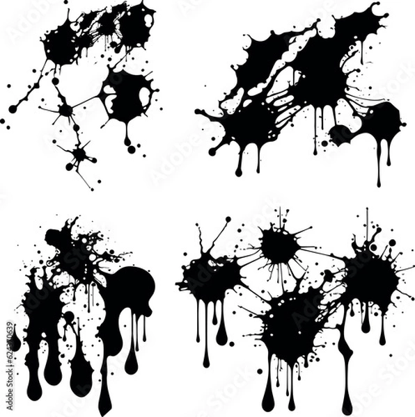 Fototapeta Abstract black ink splashes collection. Ink drops and splashes. Blotter spots, liquid paint drip drop splash, and ink splatter. Artistic dirty grunge abstract spot vector set. Splat messy inkblot
