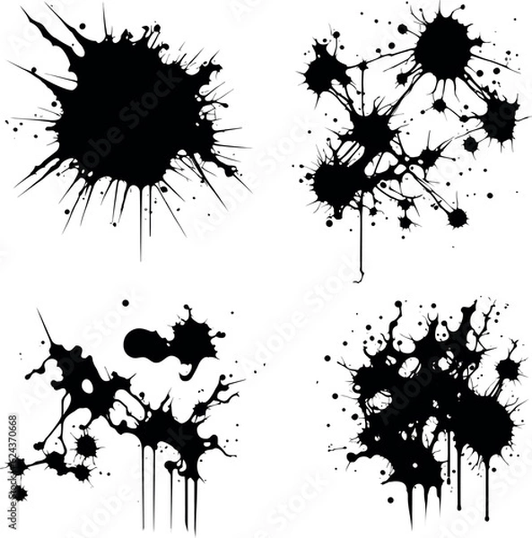 Fototapeta Abstract black ink splashes collection. Ink drops and splashes. Blotter spots, liquid paint drip drop splash, and ink splatter. Artistic dirty grunge abstract spot vector set. Splat messy inkblot