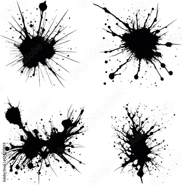 Fototapeta Abstract black ink splashes collection. Ink drops and splashes. Blotter spots, liquid paint drip drop splash, and ink splatter. Artistic dirty grunge abstract spot vector set. Splat messy inkblot