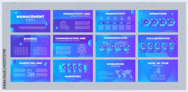 Fototapeta Management tools presentation templates set. Organizational change. Business software. Company strategy. Ready made PPT slides on blue background. Graphic design. Montserrat, Arial fonts used