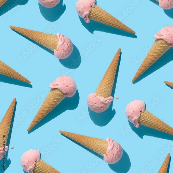 Fototapeta trendy seamless pattern of strawberries ice cream and hard shadow isolated on blue background, creative decoration of summer concept
