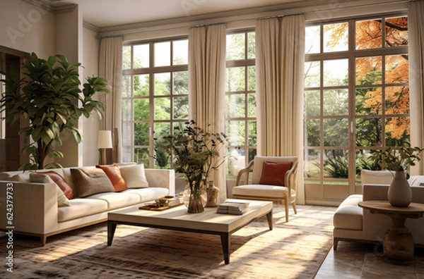 Fototapeta Beautiful light spacious living room in beige colour with big panoramic window and garden outside. Modern interior design. 