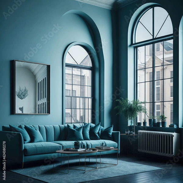 Fototapeta Interior Of Modern Living Room with Arched Windows and High Ceiling, Cozy Sofa, Lots of Sun Light, Generative AI