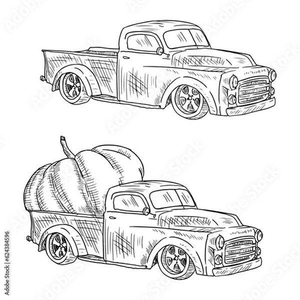 Fototapeta Truck with pumpkin and without pumpkin. Vector illustration. Sketch style. Isolated on white.