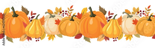 Obraz Colorful autumn color pumpkins, berries, and leaves horizontal seamless pattern. Isolated on white background. Seasonal fall banner design for greeting or promotion.