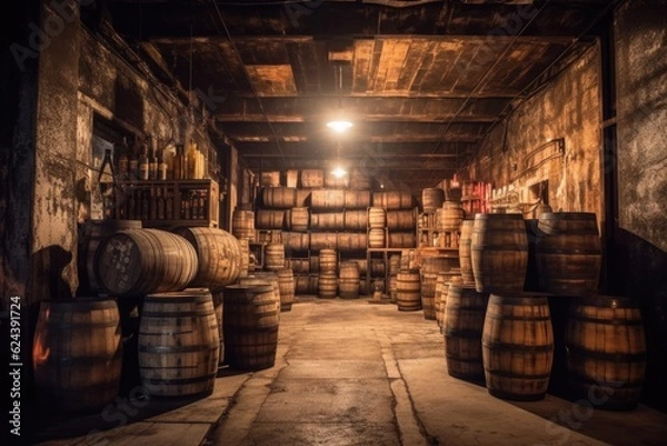 Fototapeta aged whiskey barrels stacked in a rustic warehouse, created with generative ai