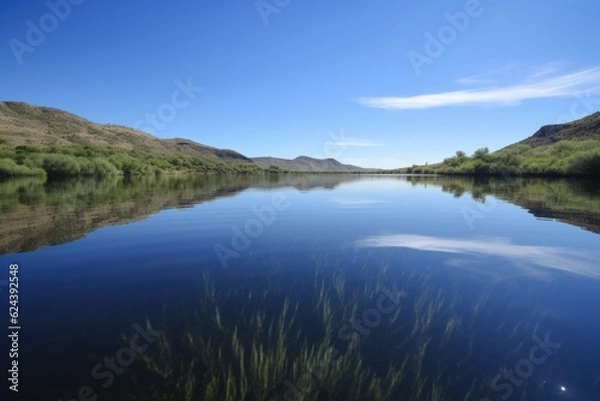 Fototapeta a lake with clear and calm waters, reflecting the blue sky, created with generative ai