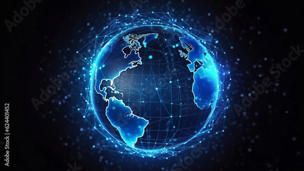Fototapeta Planet earth surrounded by a network that symbolizes internet connection. high data, hyper high detail realistic concept.Generative AI, illustration