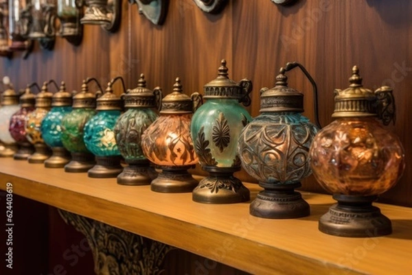 Fototapeta a row of vintage oil lamps with various designs, created with generative ai