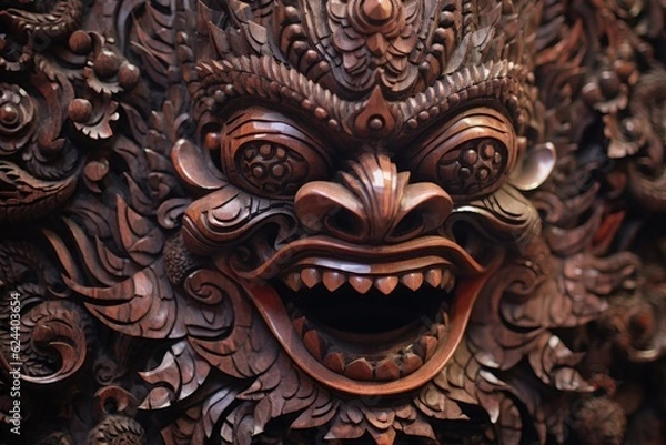 Fototapeta close-up of intricate balinese mask carvings on wood, created with generative ai