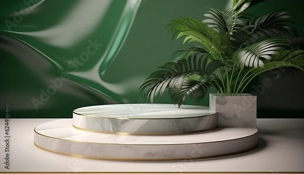Fototapeta 3d luxury marble podium and tropical leaves background. Copy space product presentation