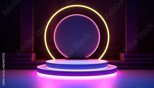 Fototapeta 3d neon podium background. Copy space product presentation