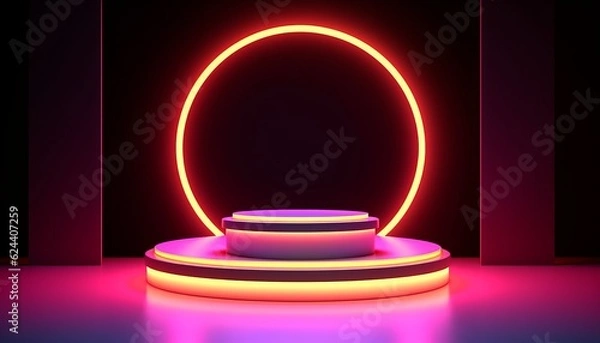 Fototapeta 3d neon podium background. Copy space product presentation