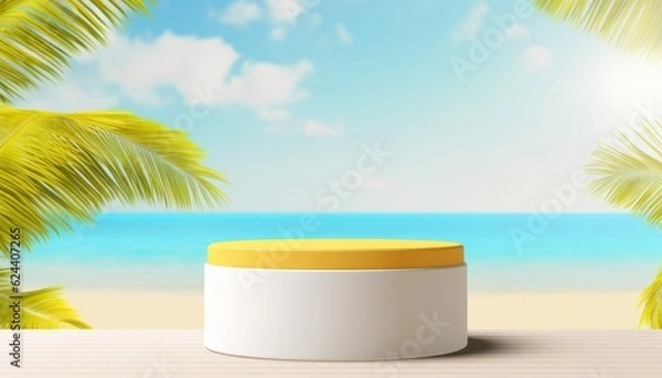 Fototapeta 3d podium on yellow color and tropical beach with blue sky white clouds and palm leaves abstract background. Copy space of product presentation and summer nature concept