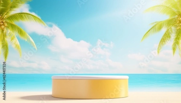 Fototapeta 3d podium on yellow color and tropical beach with blue sky white clouds and palm leaves abstract background. Copy space of product presentation and summer nature concept