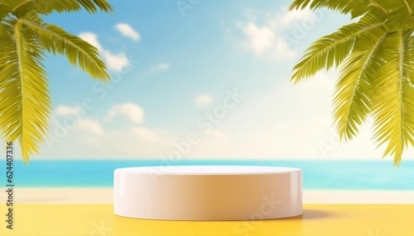 Fototapeta 3d podium on yellow color and tropical beach with blue sky white clouds and palm leaves abstract background. Copy space of product presentation and summer nature concept