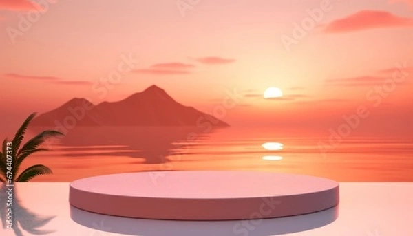 Fototapeta 3D podium with copy space for product display presentation on tropical sunset beach abstract background. Tropical summer and vacation concept
