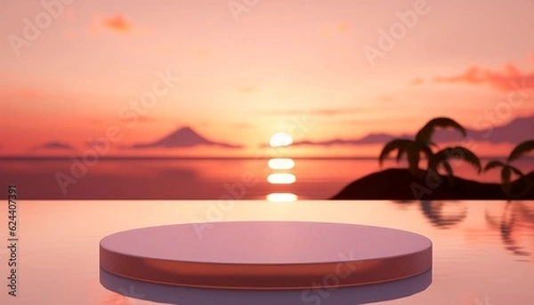 Fototapeta 3D podium with copy space for product display presentation on tropical sunset beach abstract background. Tropical summer and vacation concept