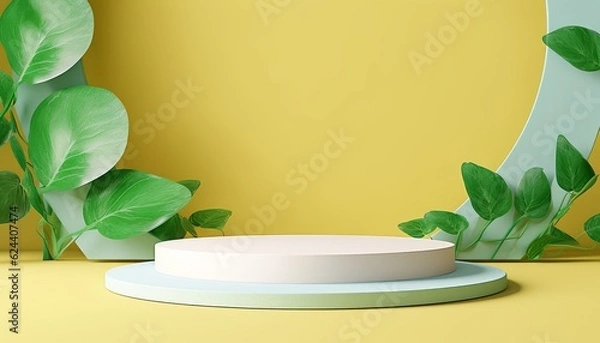 Fototapeta 3d podium with green nature leaves on clean color abstract background. Copy space for product display presentation