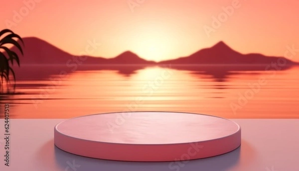 Fototapeta 3D podium with copy space for product display presentation on tropical sunset beach abstract background. Tropical summer and vacation concept