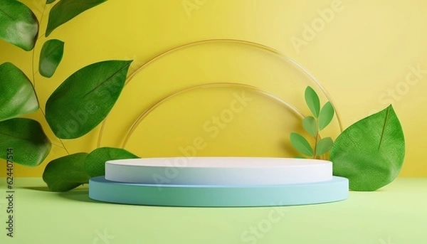 Fototapeta 3d podium with green nature leaves on clean color abstract background. Copy space for product display presentation