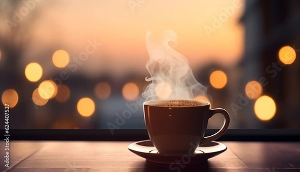 Fototapeta A cup of coffee in cafe with mornign bokeh light from window