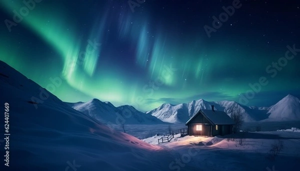 Fototapeta A hut at snow mountain on aurora and star sky abstract background