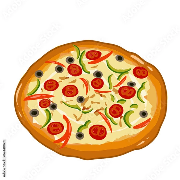 Fototapeta Vector illustration of pizza topped with sliced tomatoes, mushrooms and peppers
