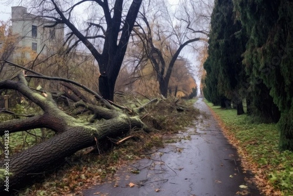 Fototapeta fallen tree branches scattered on park path, created with generative ai