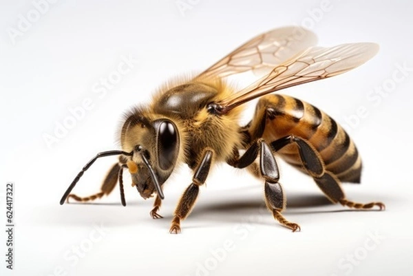 Fototapeta Close up of bee standing on white background, created using generative ai technology