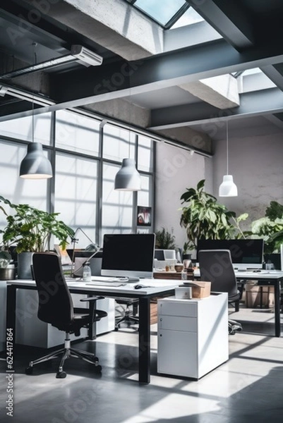 Obraz Modern office space with large window, created using generative ai technology