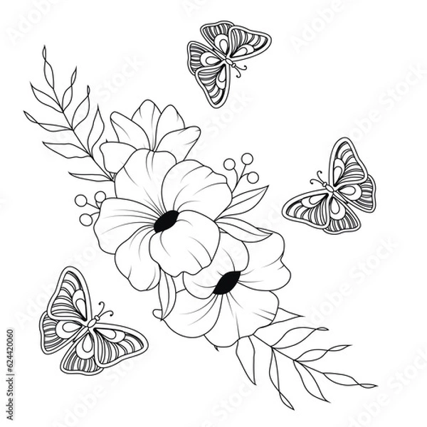 Fototapeta Bouquet of flowers, branches with leaves, bean flies, simple doodle drawing, gravure style. Tattoo all over the body. Coloring book.