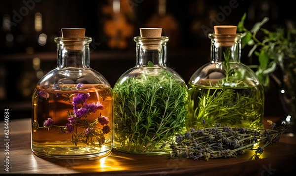 Obraz Aromatherapy, bottles with herbs and oil on a wooden table.