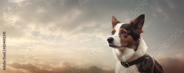 Fototapeta Banner with free copy space for text - cute dog on the field with sky background.